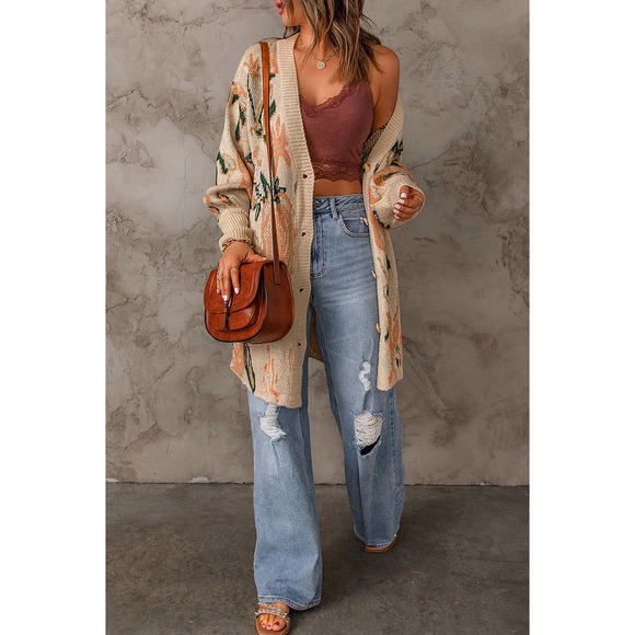 Floral Pattern Ribbed Trim Cardigan - Picture 5 of 5